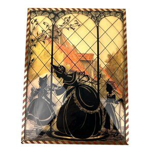 VTG Curved Convex Glass Silhouette Art Victorian Woman Children Reverse Paint